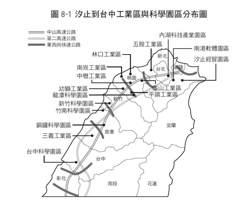 圖8-1：汐止到台中工業區與科學園區分布圖（圖/天下文化）